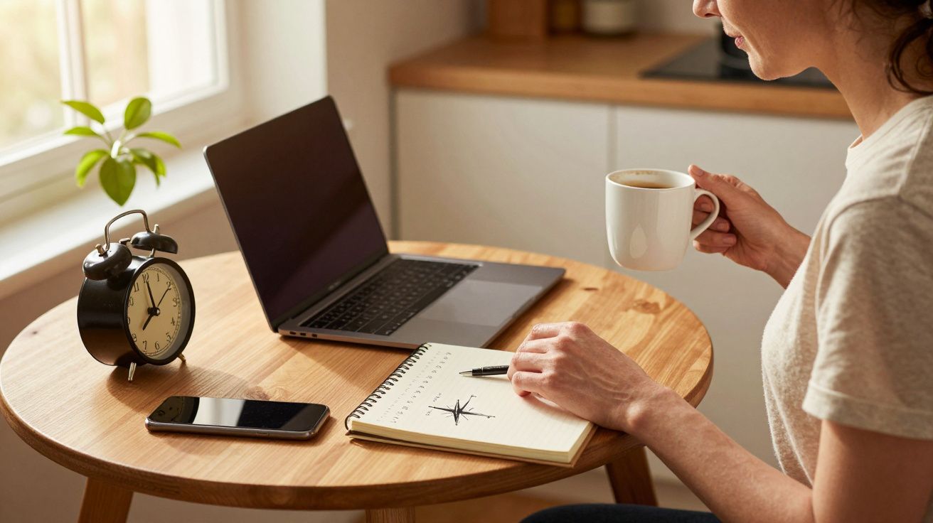 Frau sitzt am Tisch mit Laptop, Notizbuch, Smartphone und Tasse Kaffee. Wecker und Pflanze auf Fensterbank.