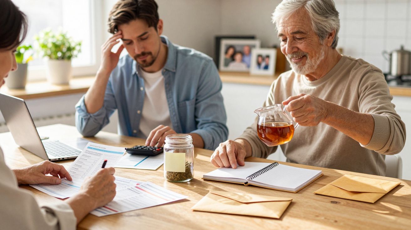 Älterer Mann gießt Tee an Tisch mit Dokumenten, jüngerer Mann denkt nach, Frau mit Stift und Laptop.