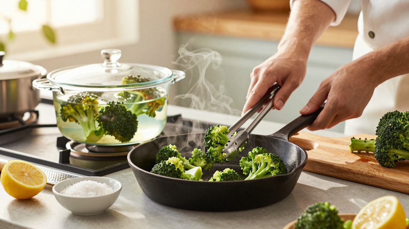 Mann brät Brokkoli in einer Pfanne, während weiterer Brokkoli in einem Topf auf dem Herd köchelt.