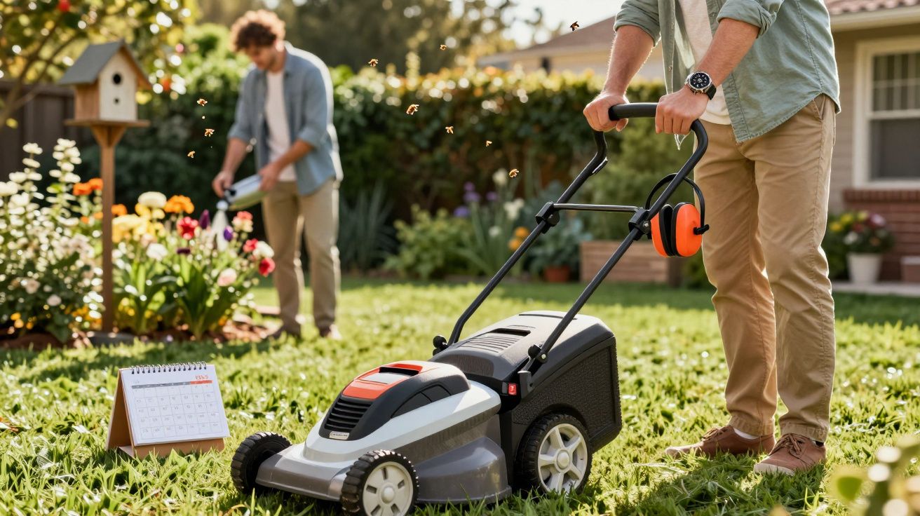 Mann mäht Rasen mit Rasenmäher; im Hintergrund pflegt ein anderer Mann den Garten neben einem Kalender und Vogelhaus.