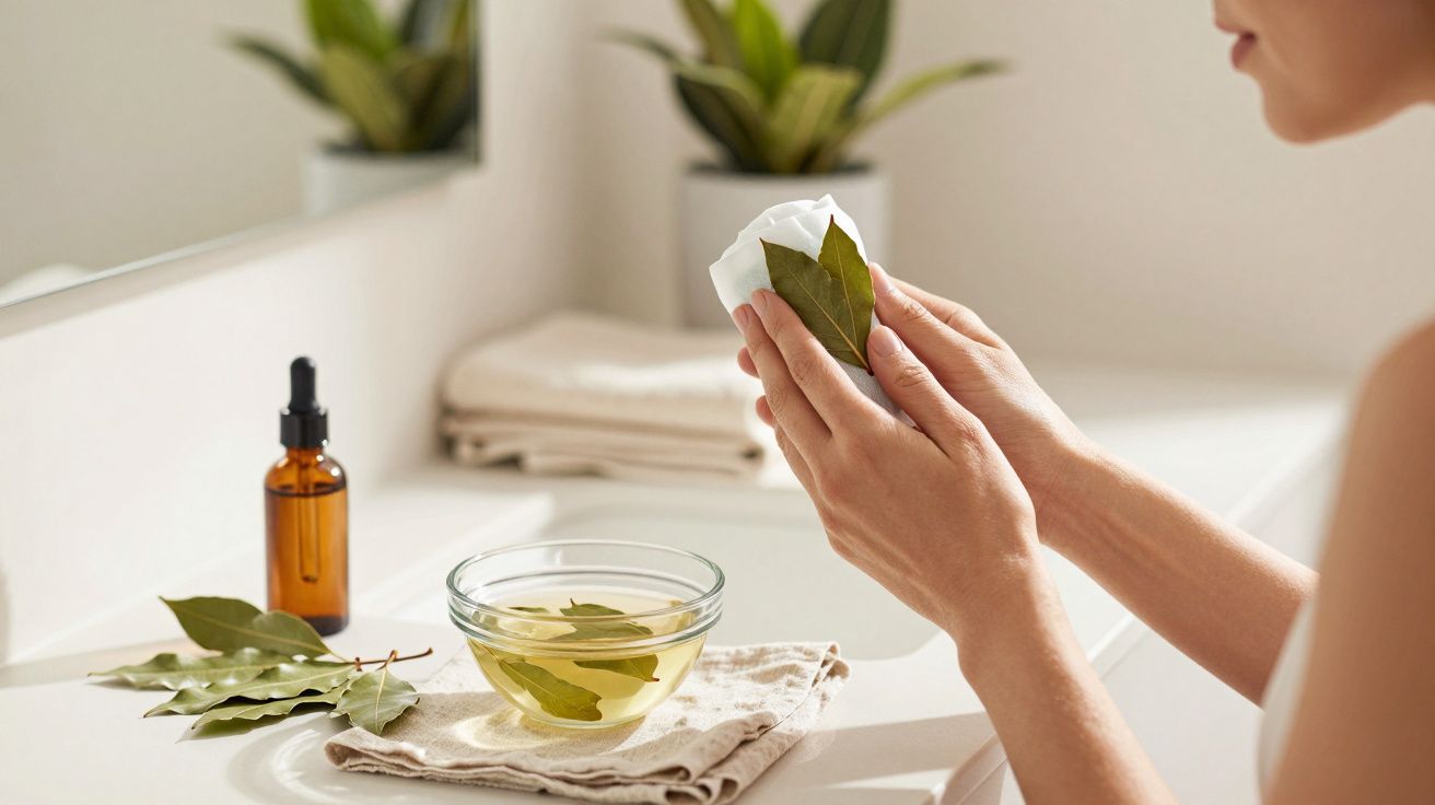 Person hält getränktes Tuch mit Blättern über Schüssel, daneben braune Flasche, auf hellem Tisch, Pflanzen im Hintergrund.