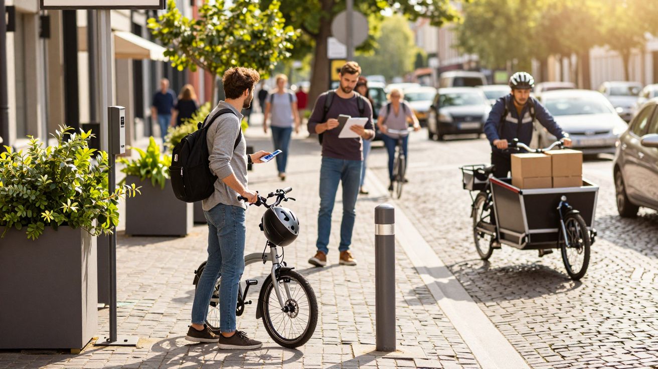 Menschen gehen und fahren Fahrrad auf einer sonnigen, belebten Stadtstraße mit Autos und Grünpflanzen im Hintergrund.
