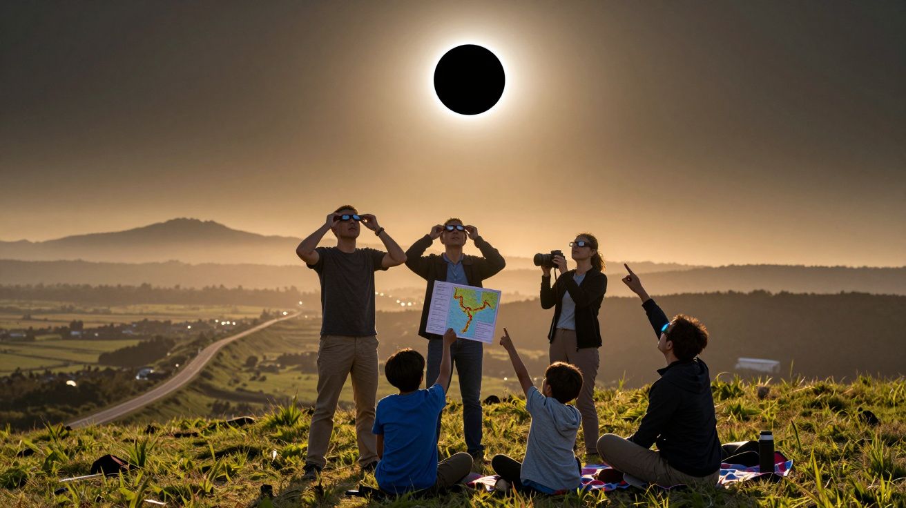 Gruppe von Menschen beobachtet Sonnenfinsternis auf einem Hügel, mit Karte und Kamera im Abendlicht.