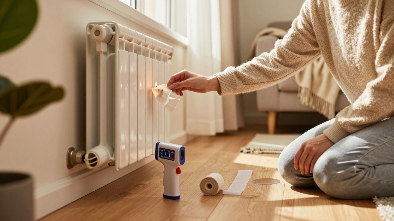 Person misst mit Infrarotthermometer die Temperatur eines Heizkörpers.