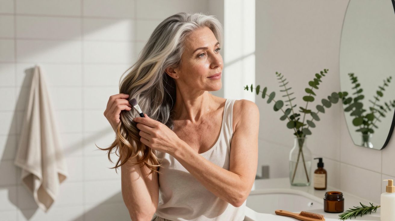 Ältere Frau mit grauem Haar kämmt sich im Badezimmer, Pflanzen und Pflegeprodukte im Hintergrund.