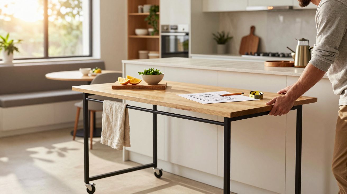 Moderne Küche mit hellem Holztisch auf Rollen, Pflanzen und Zitronen darauf; Mann schiebt den Tisch.