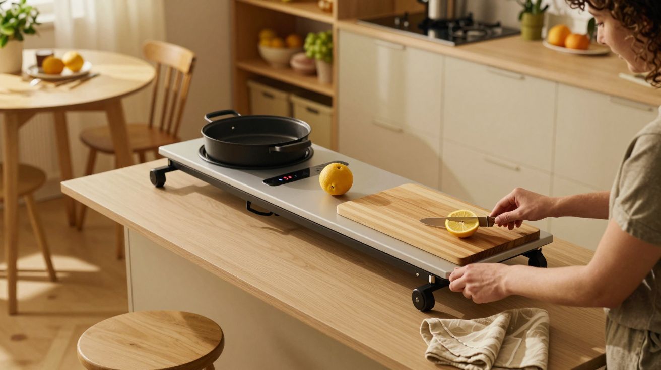 Frau schneidet Zitrone in moderner Küche auf einem Holzbrett neben einem tragbaren Herd mit Pfanne.