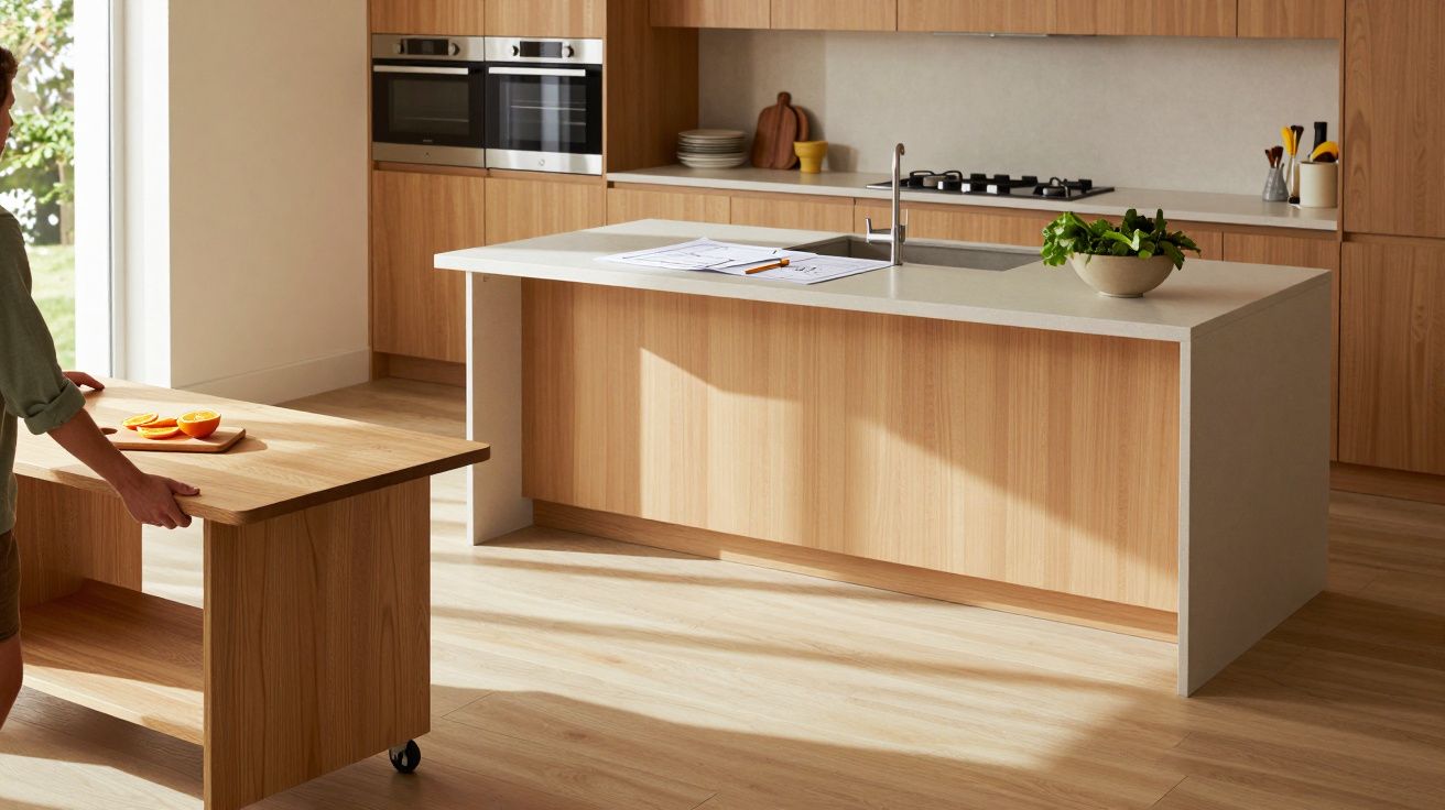 Moderne Küche mit Holzschränken, Kochinsel, eingebauten Öfen und einer Person, die einen Tisch bewegt.