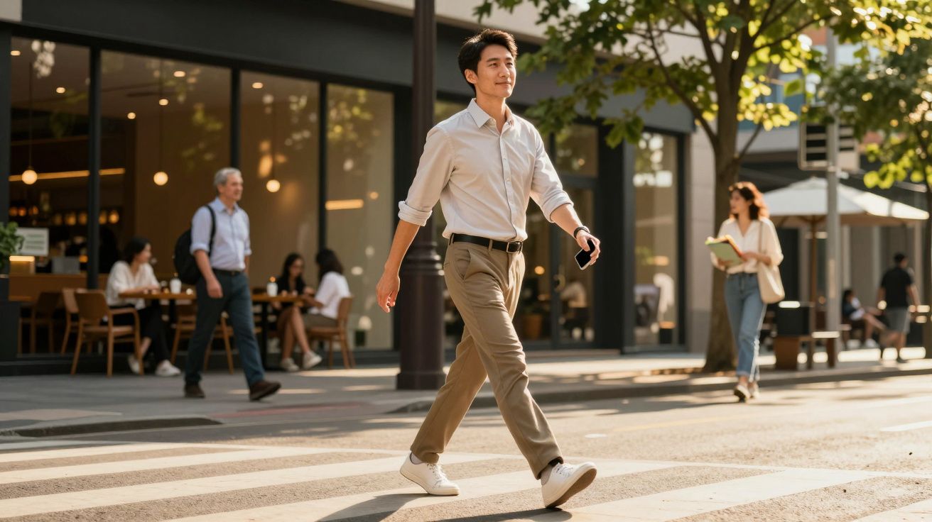 Ein Mann überquert einen Zebrastreifen in einer sonnigen Stadt, während Menschen im Hintergrund bei einem Café sitzen.