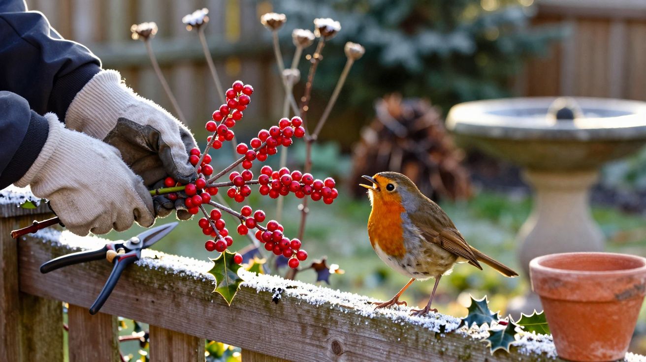 Vogel sitzt auf einem schneebedeckten Zaun neben roten Beeren, während eine Person die Pflanzen hält.