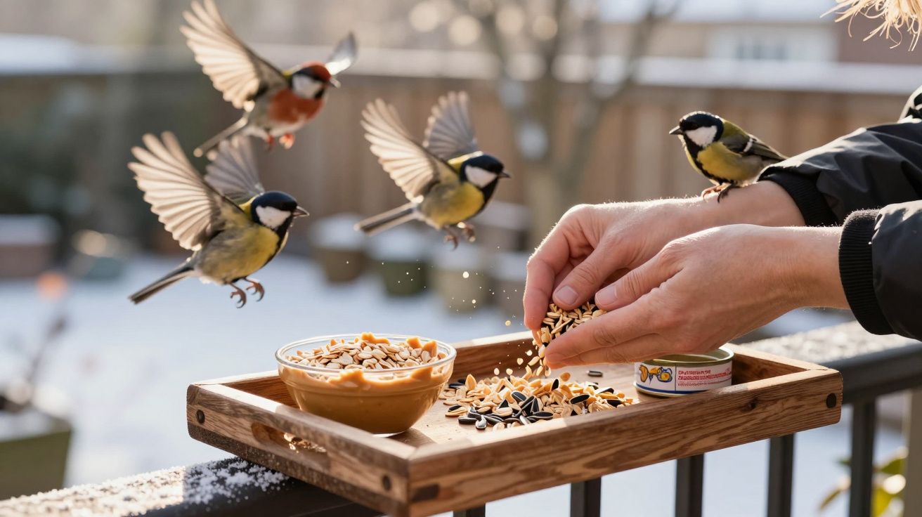 Vögel auf einem Tablett mit Futternäpfen; eine Person streut Samen. Im Hintergrund ein unscharfer Garten.