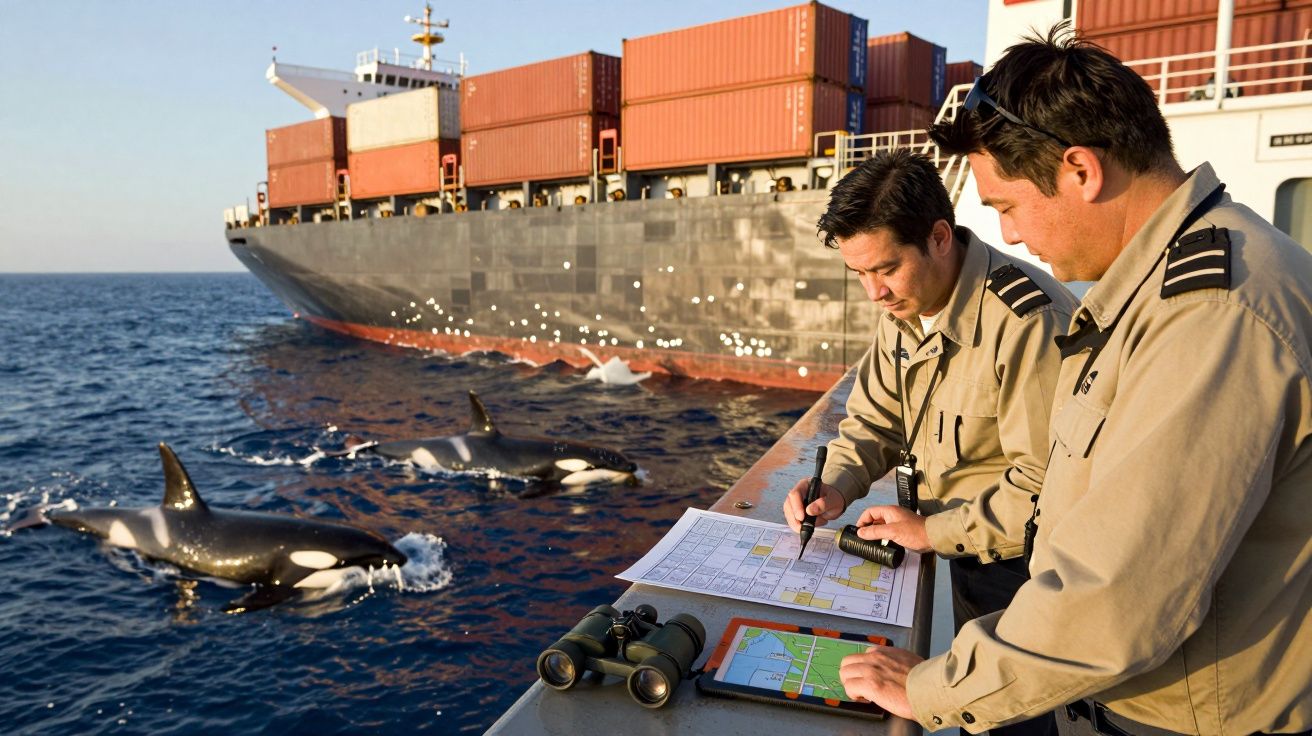 Zwei Männer auf einem Schiff deck schauen auf eine Karte; im Hintergrund ein Containerschiff und schwimmende Orcas.