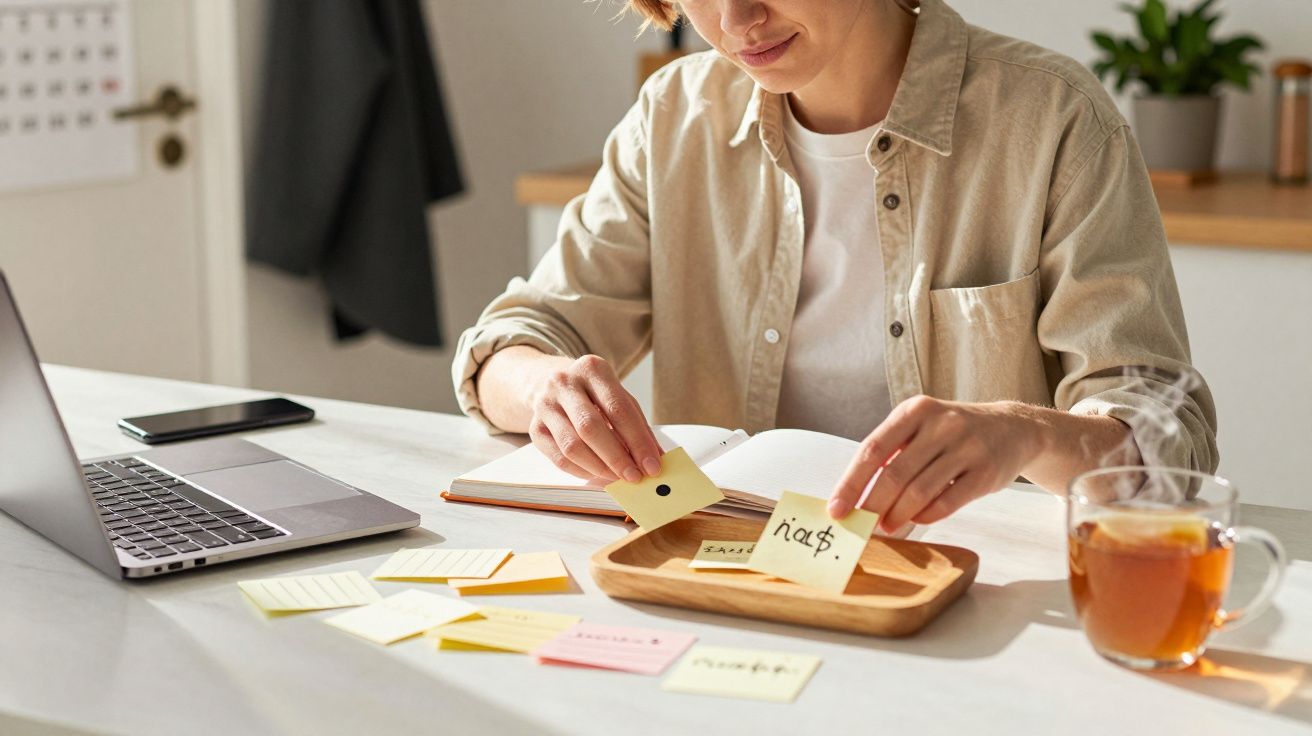 Person sitzt an einem Tisch mit Laptop, arbeitet an Notizen und hat eine Tasse Tee.