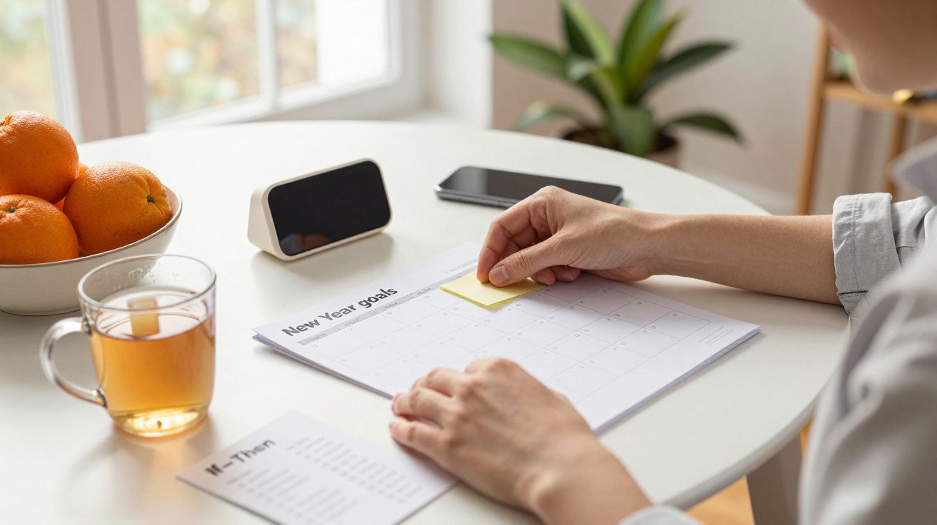 Person notiert Neujahrsvorsätze an einem Tisch mit Tee, Orangen und Pflanzen.