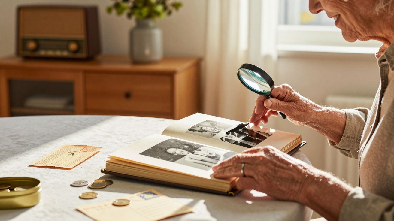 Ältere Person betrachtet mit Lupe Fotos in einem Album, auf einem Tisch liegen Münzen und Dokumente.