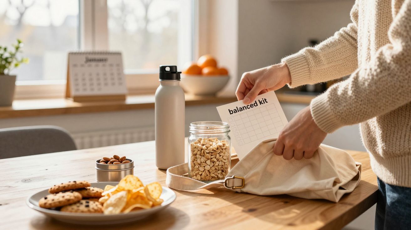 Person packt Lunchpaket mit Snacks, Wasserflasche und einem Etikett "balanced kit" in einer Küche ein.