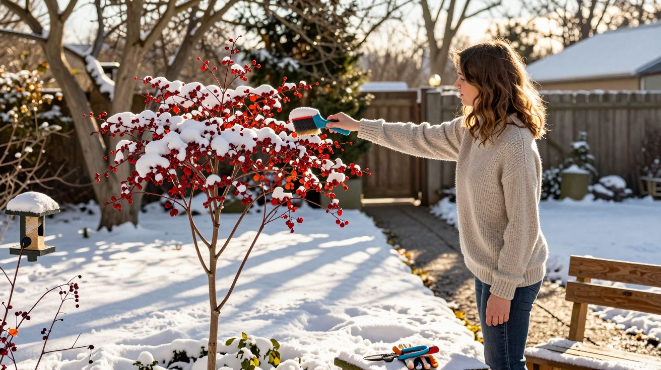 Frau fegt Schnee von einem Strauch mit roten Beeren im verschneiten Garten.
