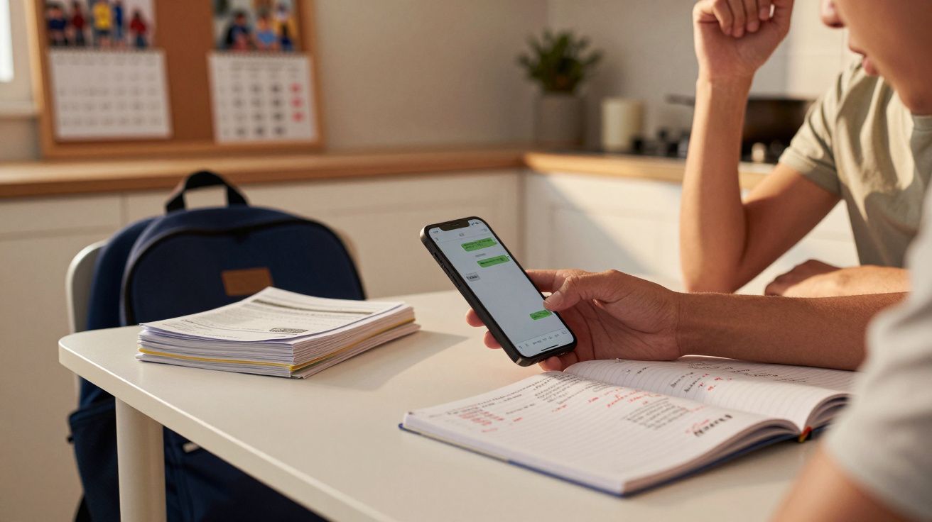 Person am Tisch mit Schulbüchern, blickt auf Smartphone. Im Hintergrund ein Rucksack und Kalender an der Wand.