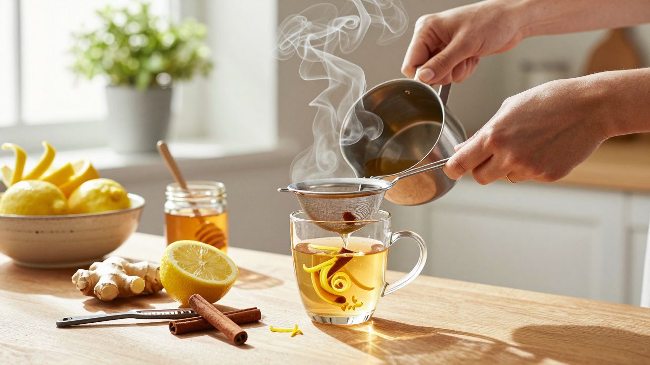 Person gießt heißen Tee durch ein Sieb in eine Tasse. Im Vordergrund Ingwer, Zimt, Zitrone und Honig auf dem Tisch.